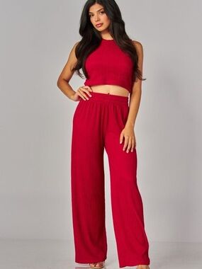 Wide-Leg Pleated Pant & Tank Set in Red